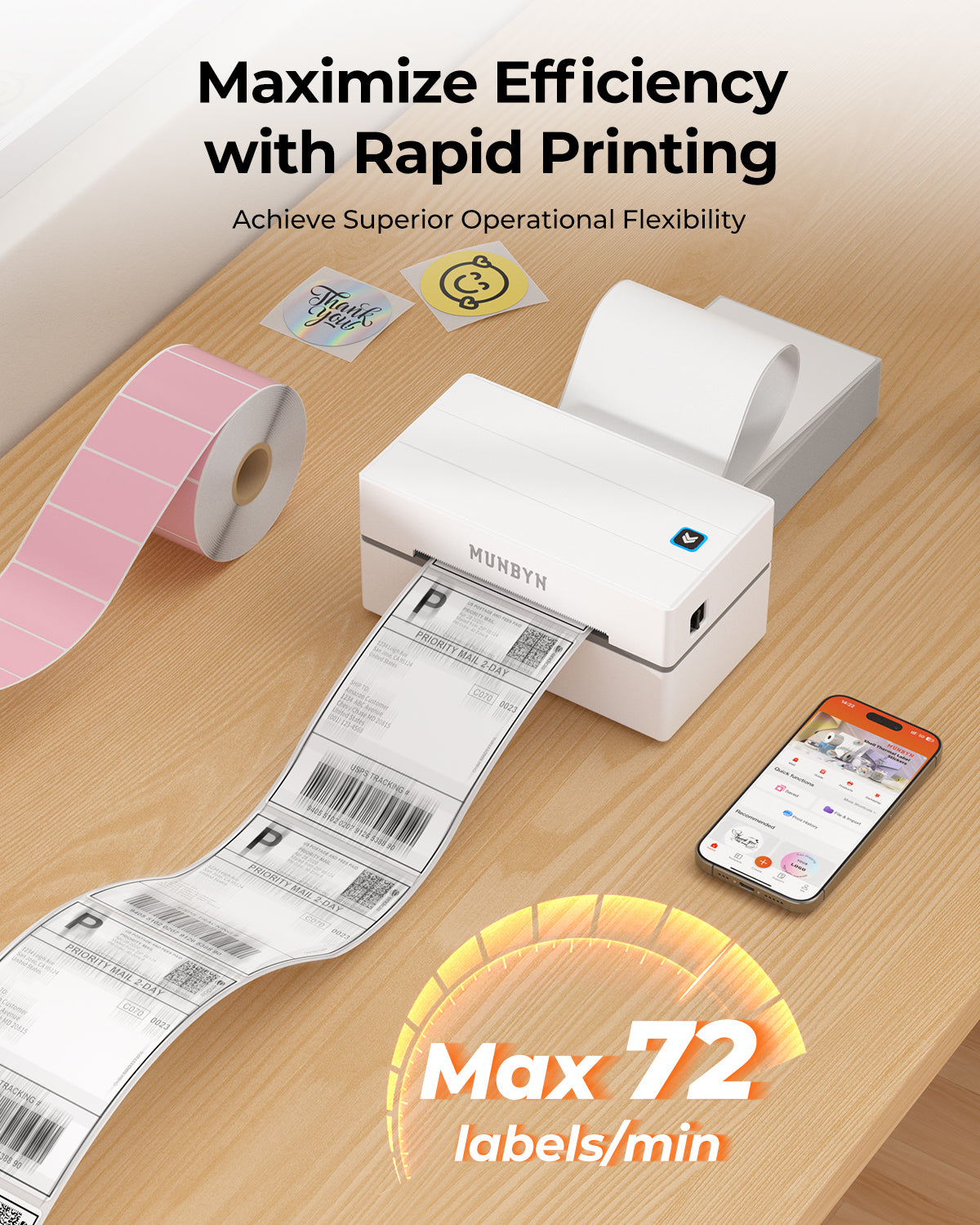 MUNBYN CA RealWriter 130B thermal label printer kit with white printer and label roll ready for shipping and labeling tasks.
