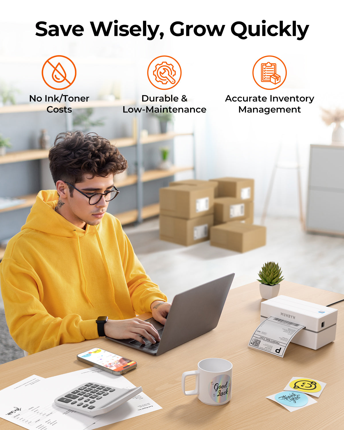 MUNBYN CA RealWriter 130B thermal label printer kit with white model, compact design, and included printing components.