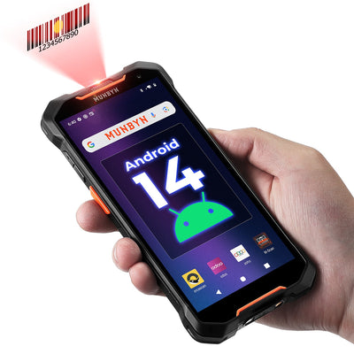 MUNBYN AS01P barcode scanner with ergonomic design, black handheld device with scanning window and buttons for efficient barcode reading.