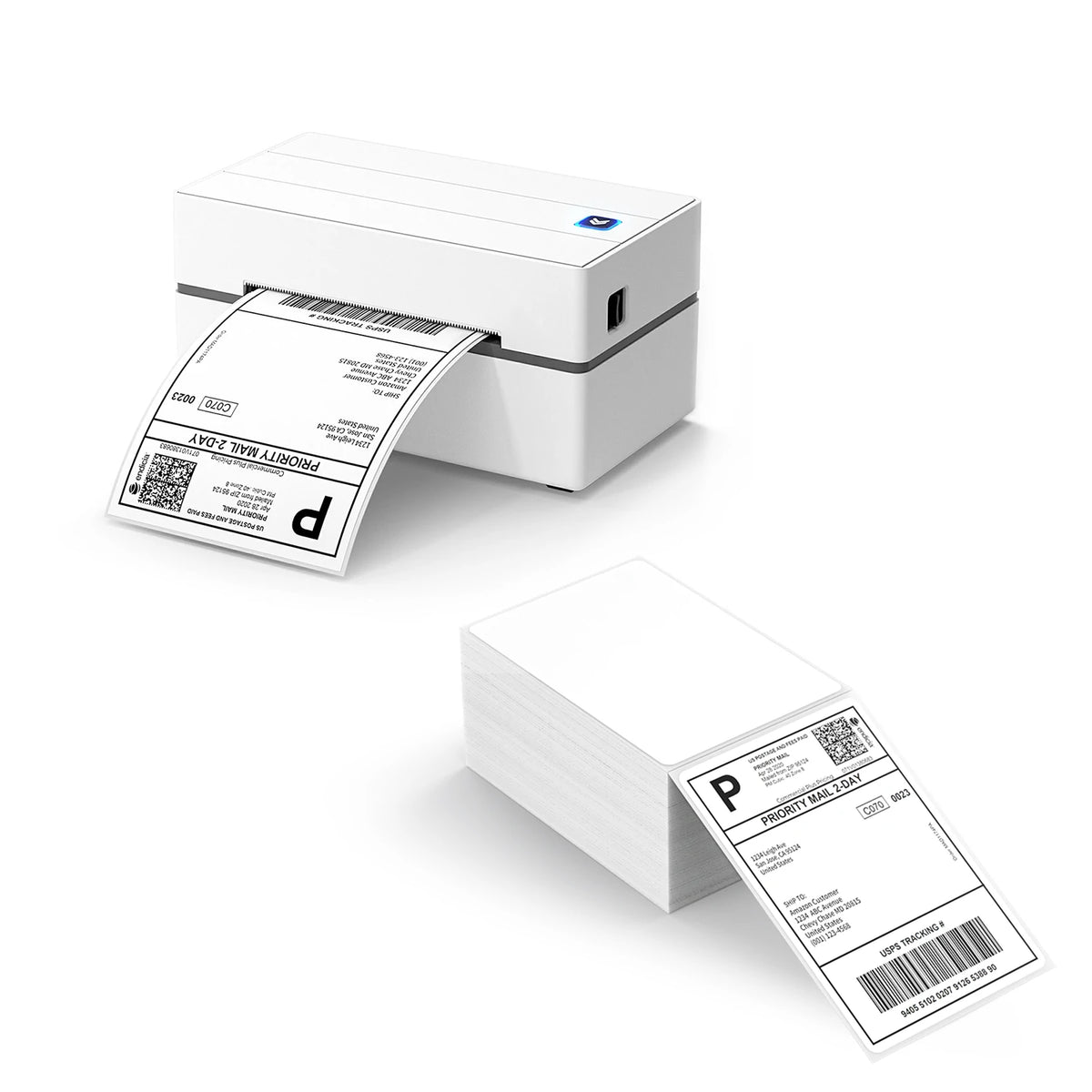 The MUNBYN 130 thermal printer kit includes a USB thermal label printer, and a stack of 4x6 shipping labels.
