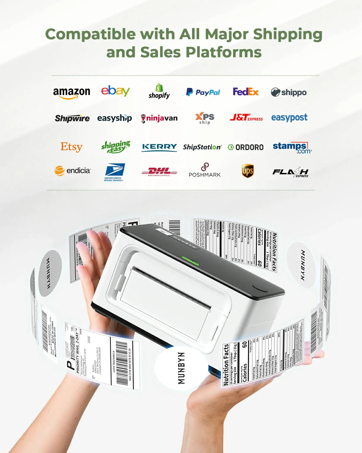 The MUNBYN ITPP941 thermal shipping label printer is compatible with various shipping platforms such as USPS, UPS, FedEx, Shopify, Etsy, and eBay. 