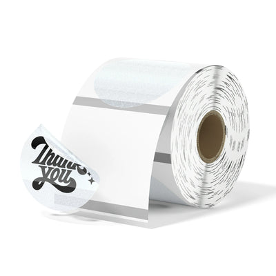 Close-up of 2-inch silver labels printed on MUNBYN CA label printer paper, showcasing shiny metallic finish and clean edges.