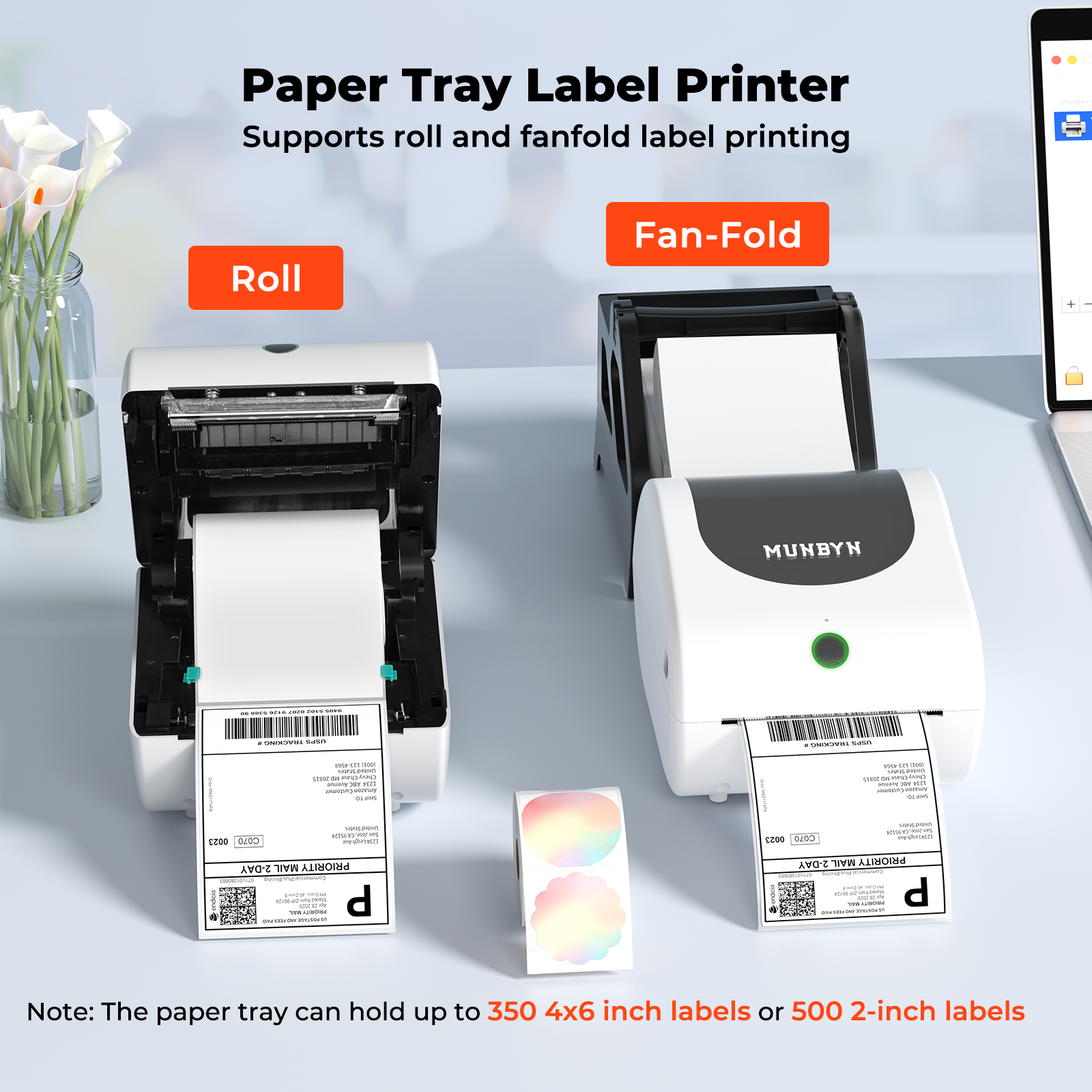 MUNBYN CA RealWriter 411B thermal printer showing paper output and control buttons on a clean white surface.