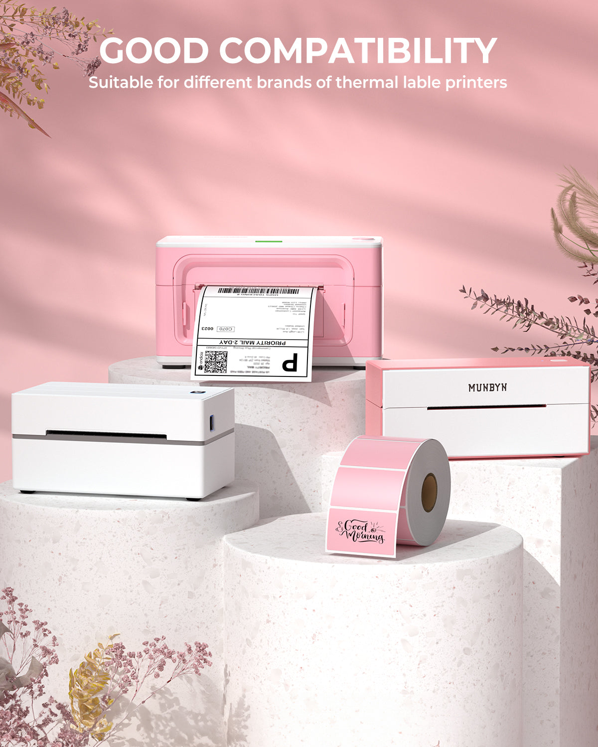 Rectangular labels printed on MUNBYN CA label printer paper, measuring 2.25 by 1.25 inches, shown in the image.