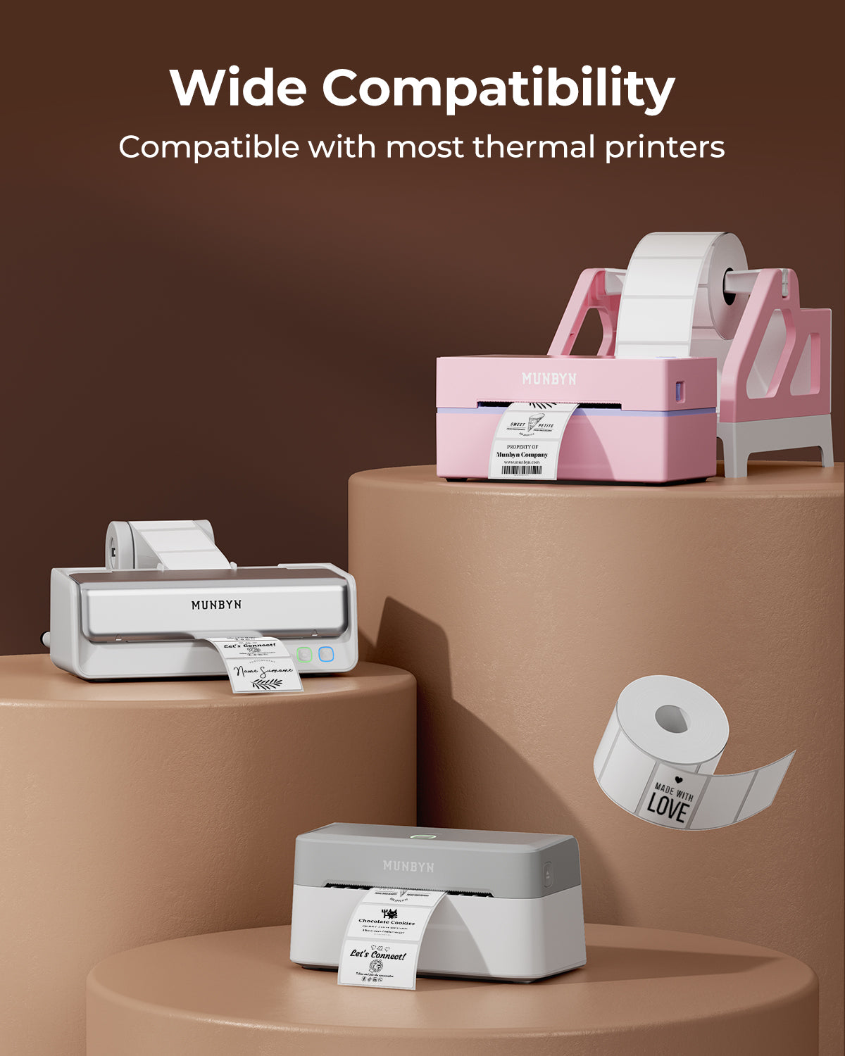 White 2.25 x 1.25-inch rectangle labels printed on MUNBYN CA label printer paper, ready for custom labeling.