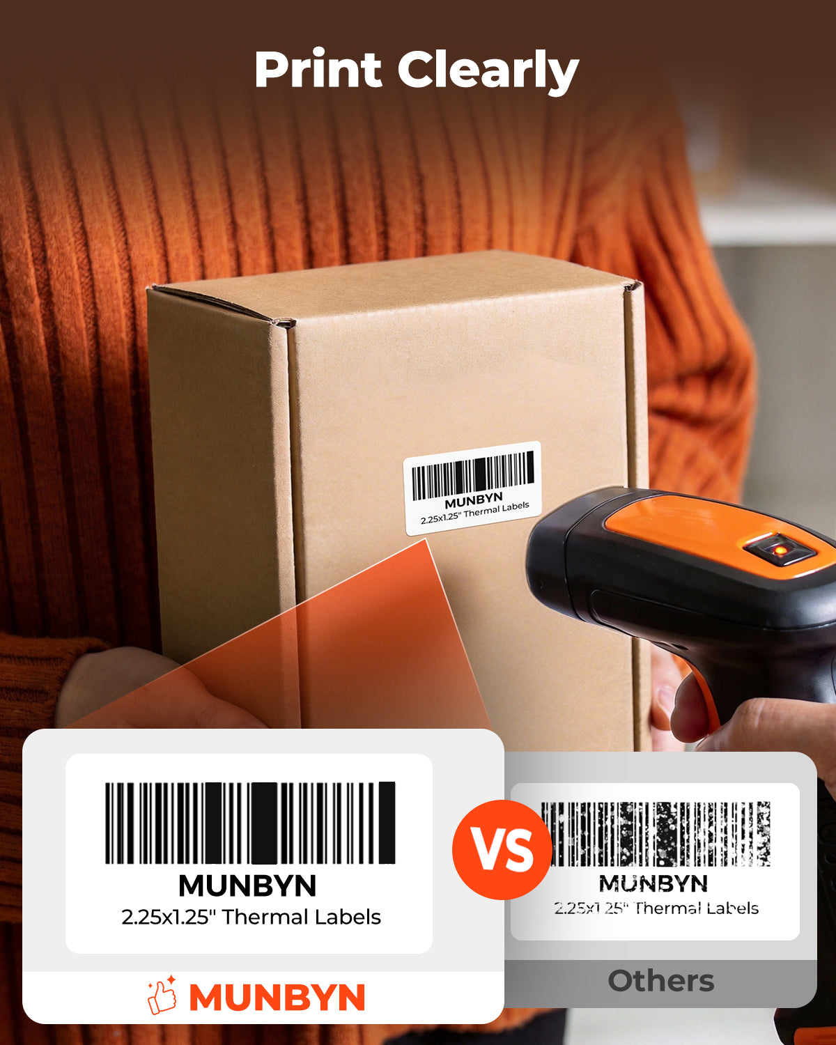 White 2.25 x 1.25-inch rectangle labels printed on MUNBYN CA label printer paper, shown on a clean surface.