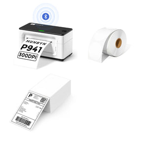 MUNBYN P941B Bluetooth Thermal Label Printer Kit includes a Bluetooth label printer, a roll of circle labels, and a stack of shipping labels.
