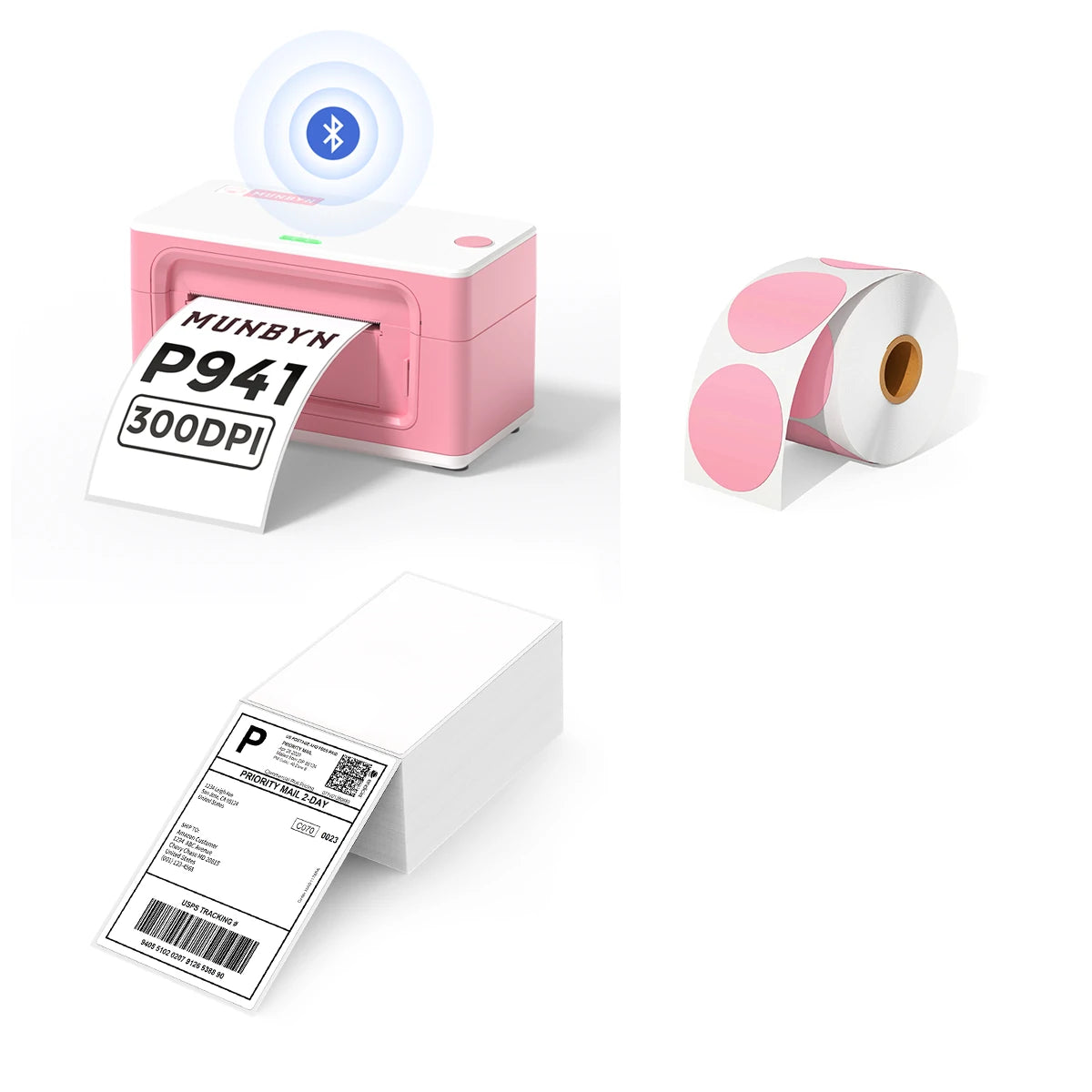 MUNBYN P941B pink Bluetooth Thermal Label Printer Kit includes a pink Bluetooth label printer, a roll of pink circle labels, and a stack of shipping labels.