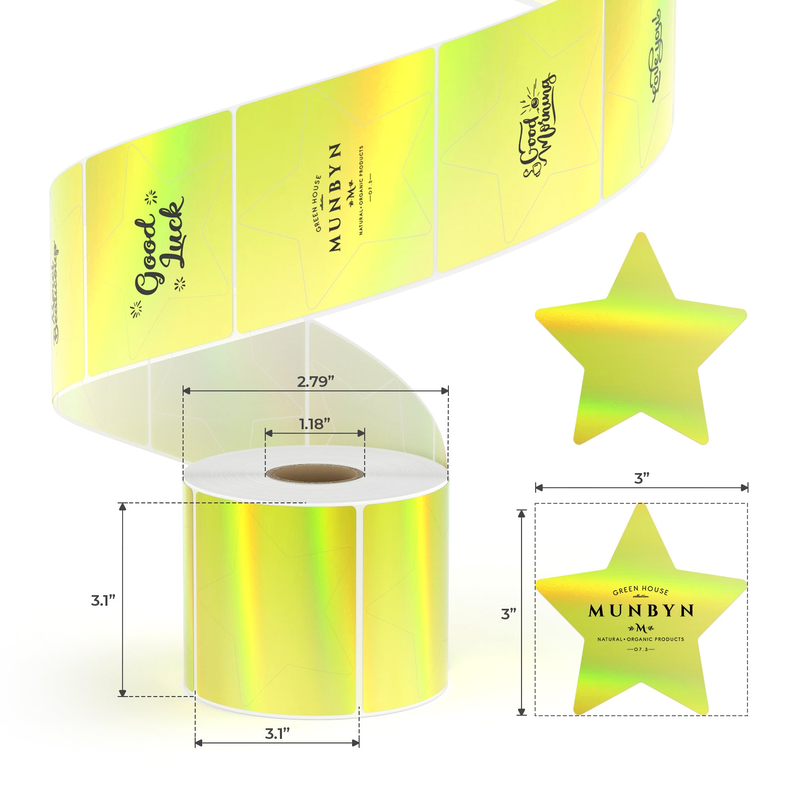 MUNBYN's versatile gold holographic star-shaped thermal labels measure 3
