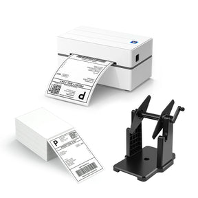 The MUNBYN 130 thermal printer kit includes a USB thermal label printer, a stack of shipping labels, and a label roll holder.