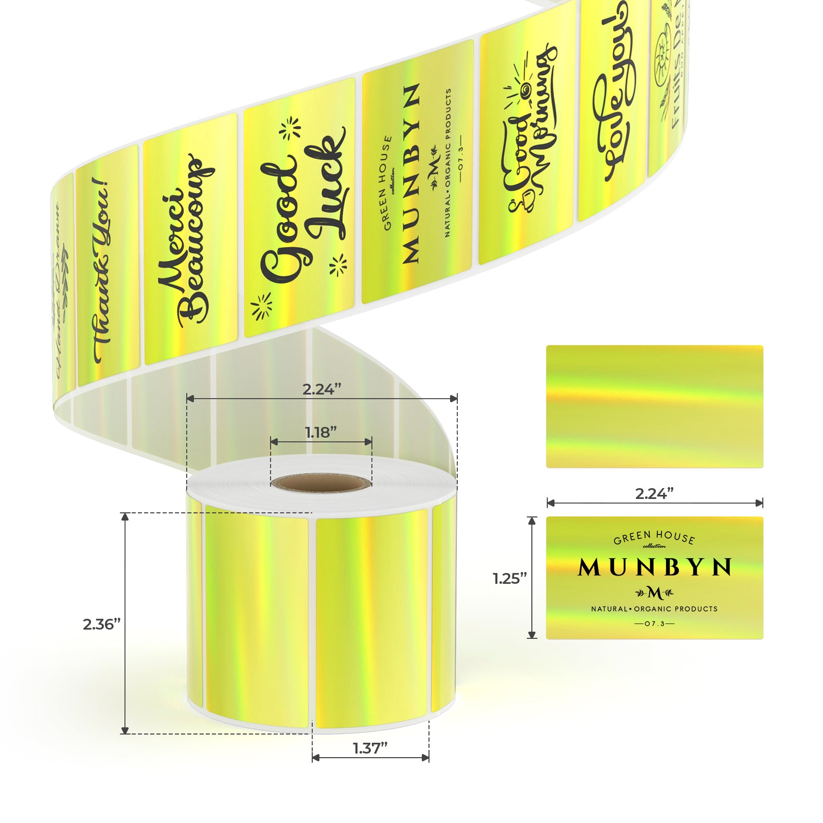 MUNBYN's versatile gold holographic rectangle thermal labels measure 1.25