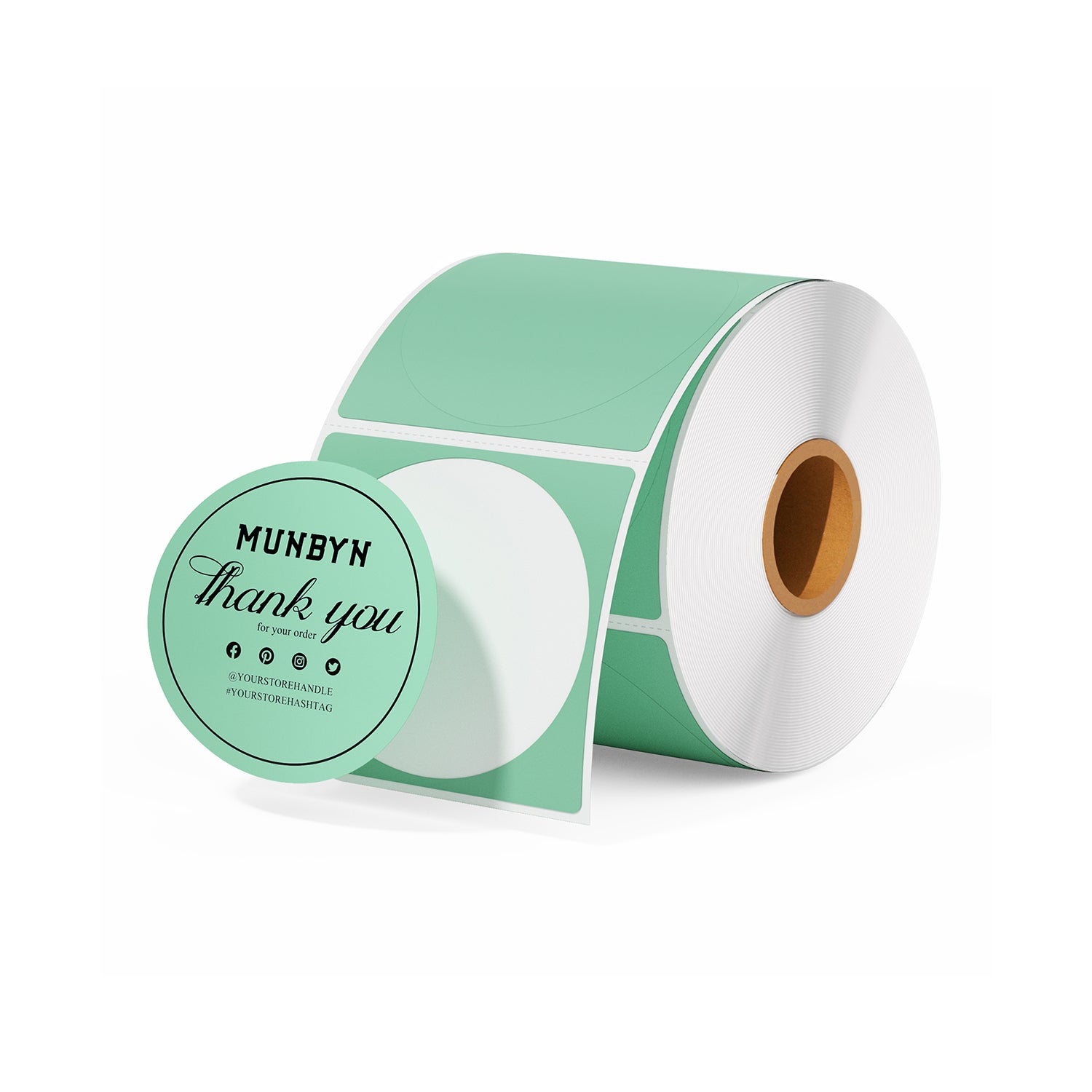Green 2-inch circle labels printed on MUNBYN CA label printer paper, showcasing vibrant circular sticker designs.