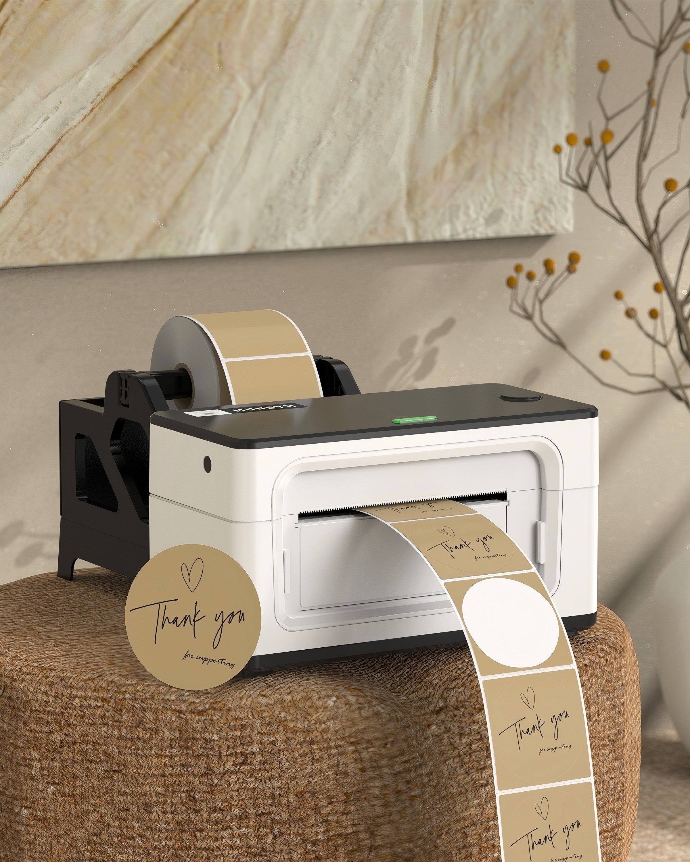 Two 2-inch circle labels printed on MUNBYN CA label printer paper, ready for use in organizing and labeling.