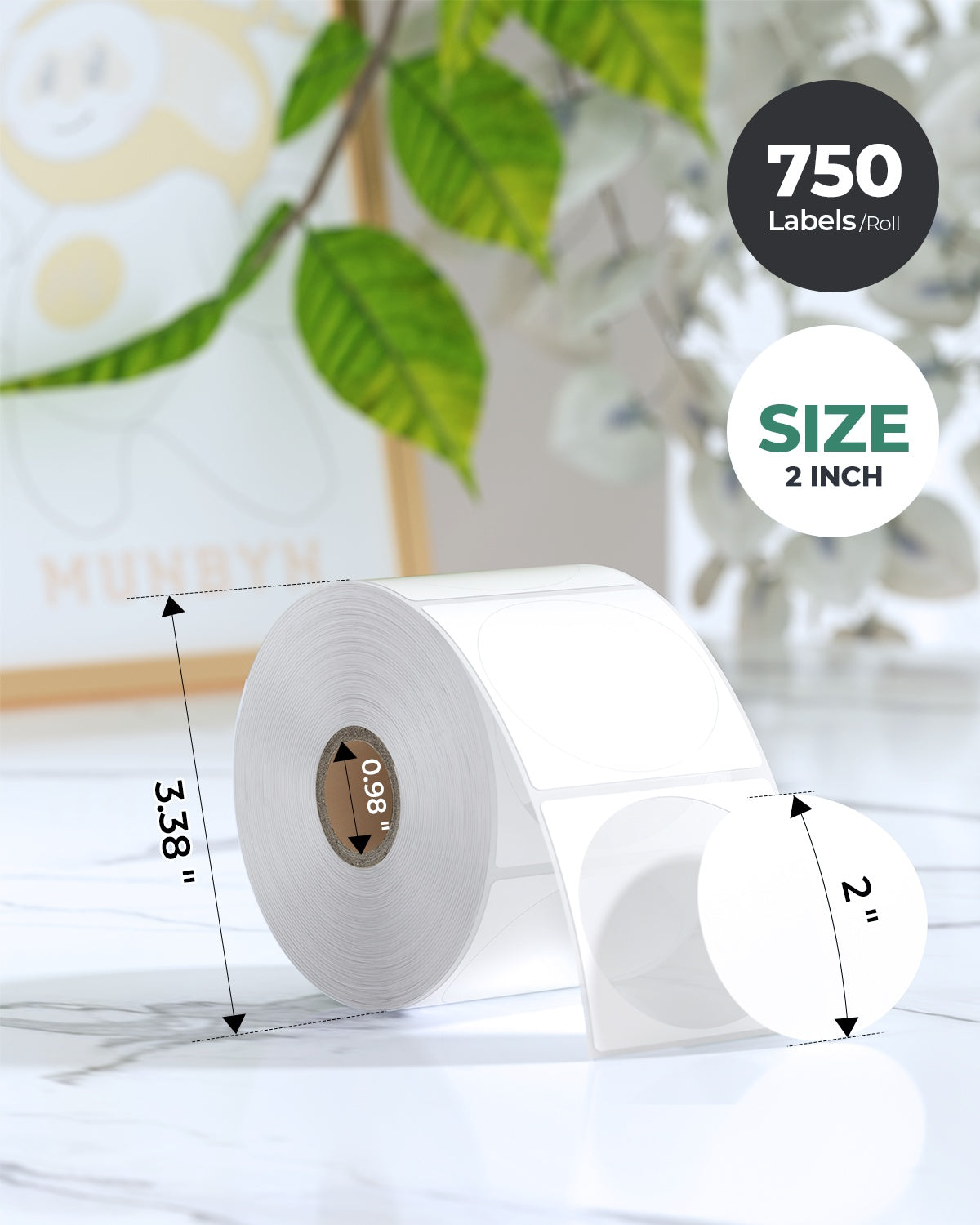 White 2-inch circle labels printed on MUNBYN CA label printer paper, ready for custom labeling or organization.