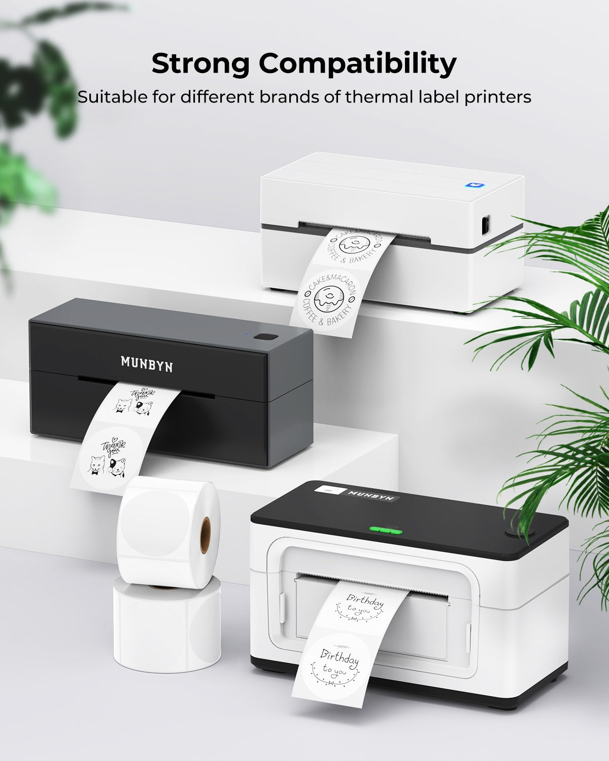 White 2-inch circle labels printed on MUNBYN CA label printer paper, ready for product packaging or organization.
