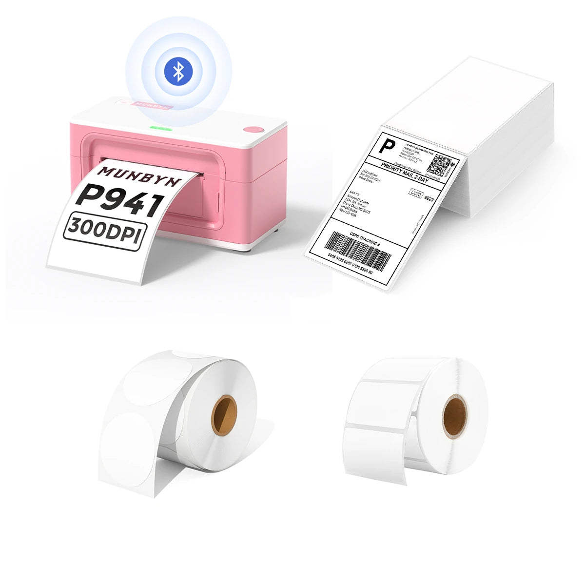 MUNBYN P941B pink Bluetooth Thermal Label Printer Kit includes a pink Bluetooth label printer, two rolls of blank labels, and a stack of shipping labels.