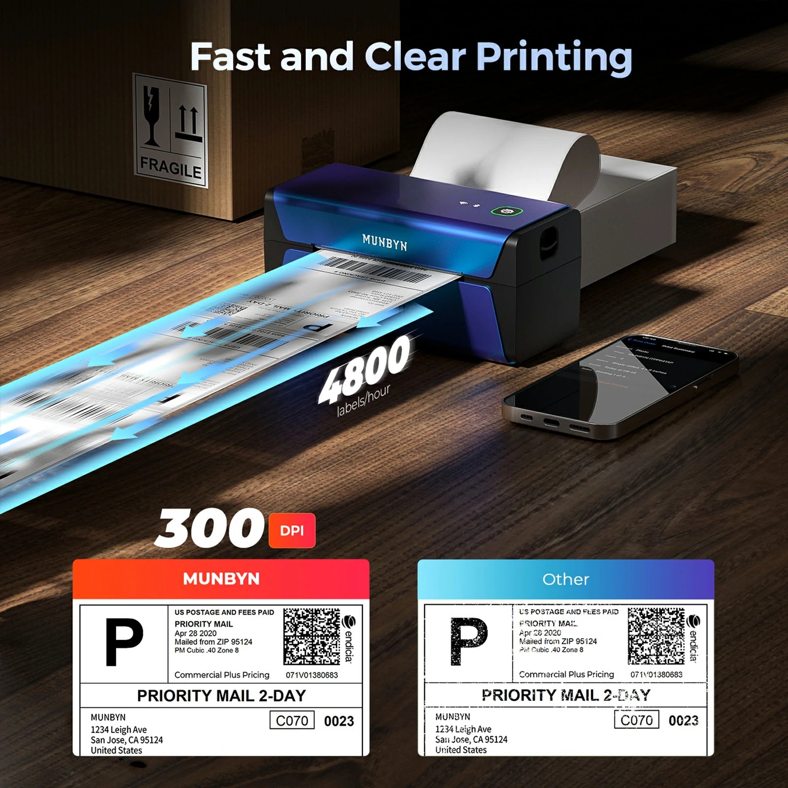 With a resolution of 300 DPI, the printer can produce up to 4800 labels per hour.