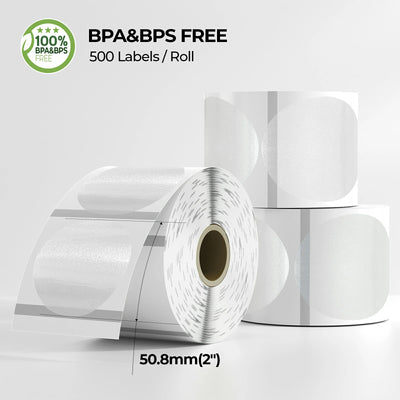 Silver 2-inch label printer paper by MUNBYN CA, showing rolls of adhesive label sheets for printing and organizing.