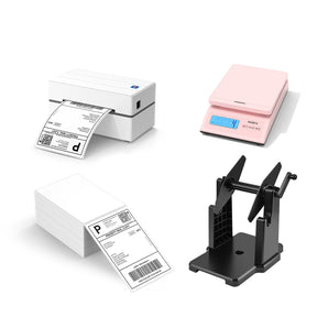 The MUNBYN 130 thermal printer kit includes a USB thermal label printer, a stack of shipping labels, one postal scale and a label roll holder.