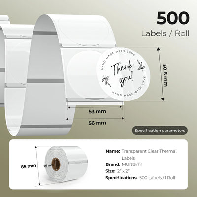 2-inch clear labels printed on MUNBYN CA label printer paper, showing transparent label sheets with adhesive backing