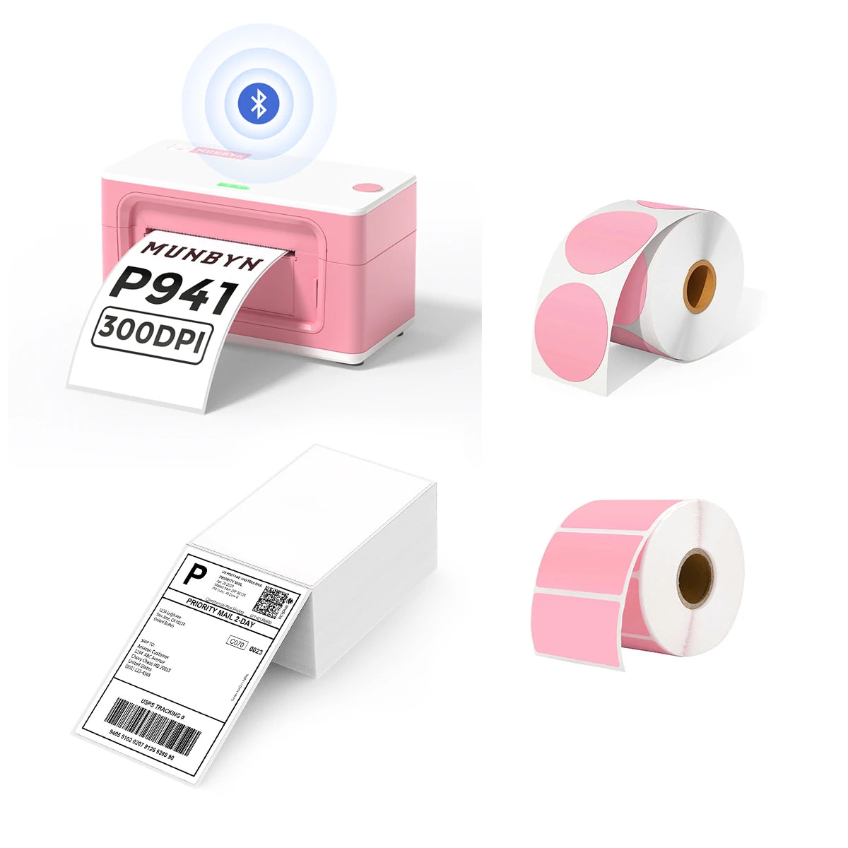 MUNBYN P941B pink Bluetooth Thermal Label Printer Kit includes a pink Bluetooth label printer, two rolls of pink labels, and a stack of shipping labels.