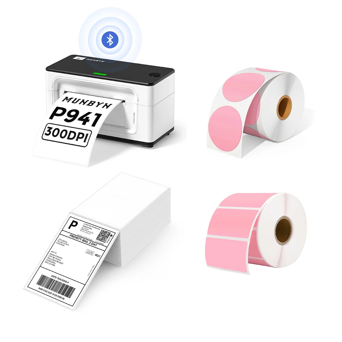 MUNBYN P941B Bluetooth Thermal Label Printer Kit includes a Bluetooth label printer, two rolls of pink labels, and a stack of shipping labels.