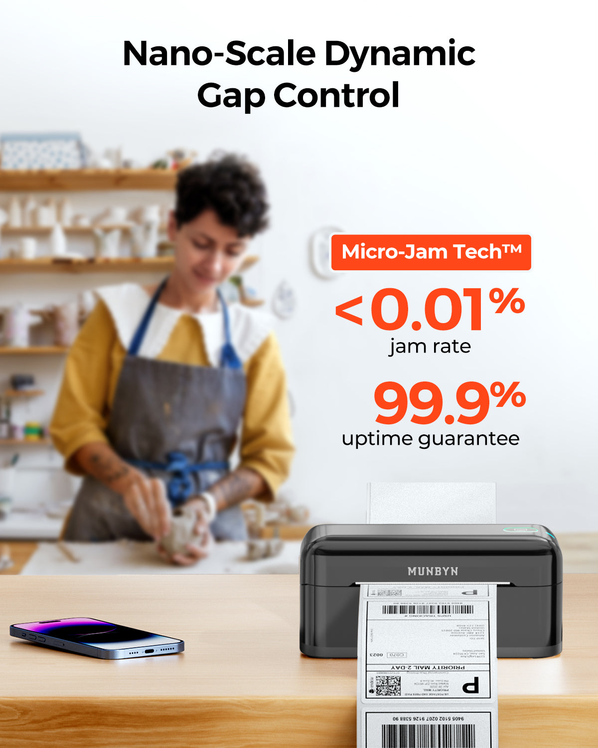 MUNBYN CA RealWriter 402B thermal label printer kit with black model and accessories on a white background.