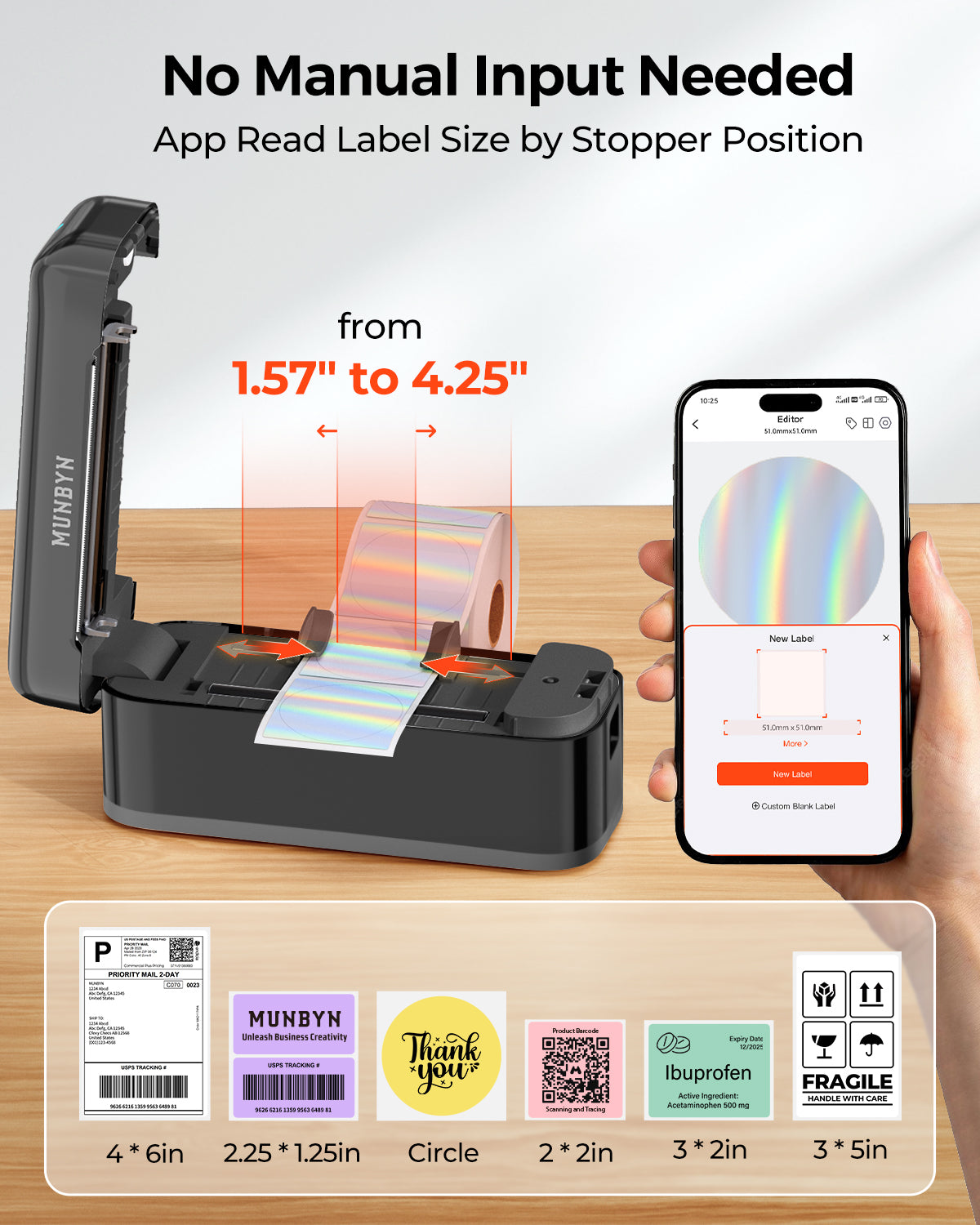MUNBYN CA RealWriter 402B thermal label printer kit with black model and accessories on a white background.