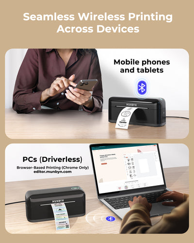 MUNBYN CA RealWriter 402B thermal label printer kit with black printer and accessories on a white background