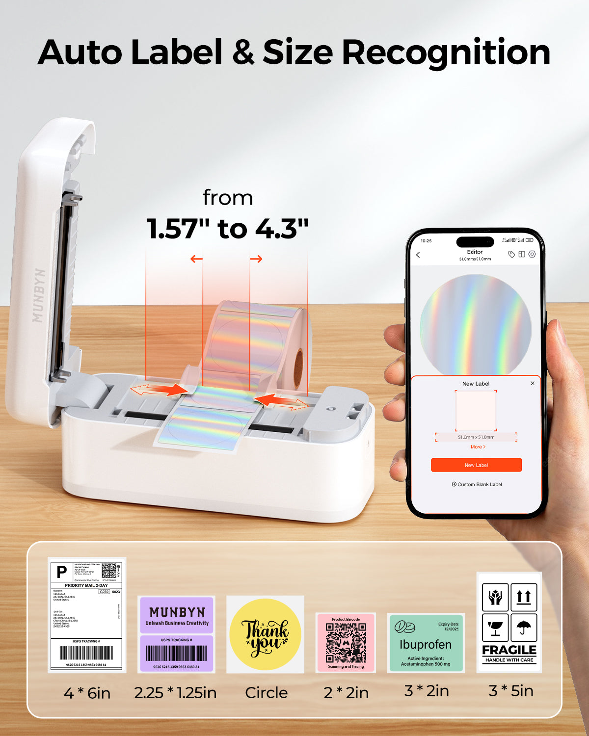 MUNBYN CA RealWriter 402B thermal label printer kit with white and black components, multiple printing accessories visible.