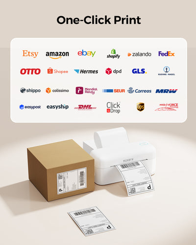 MUNBYN CA RealWriter 402B thermal label printer kit with white printer and accessories, ideal for professional label printing.