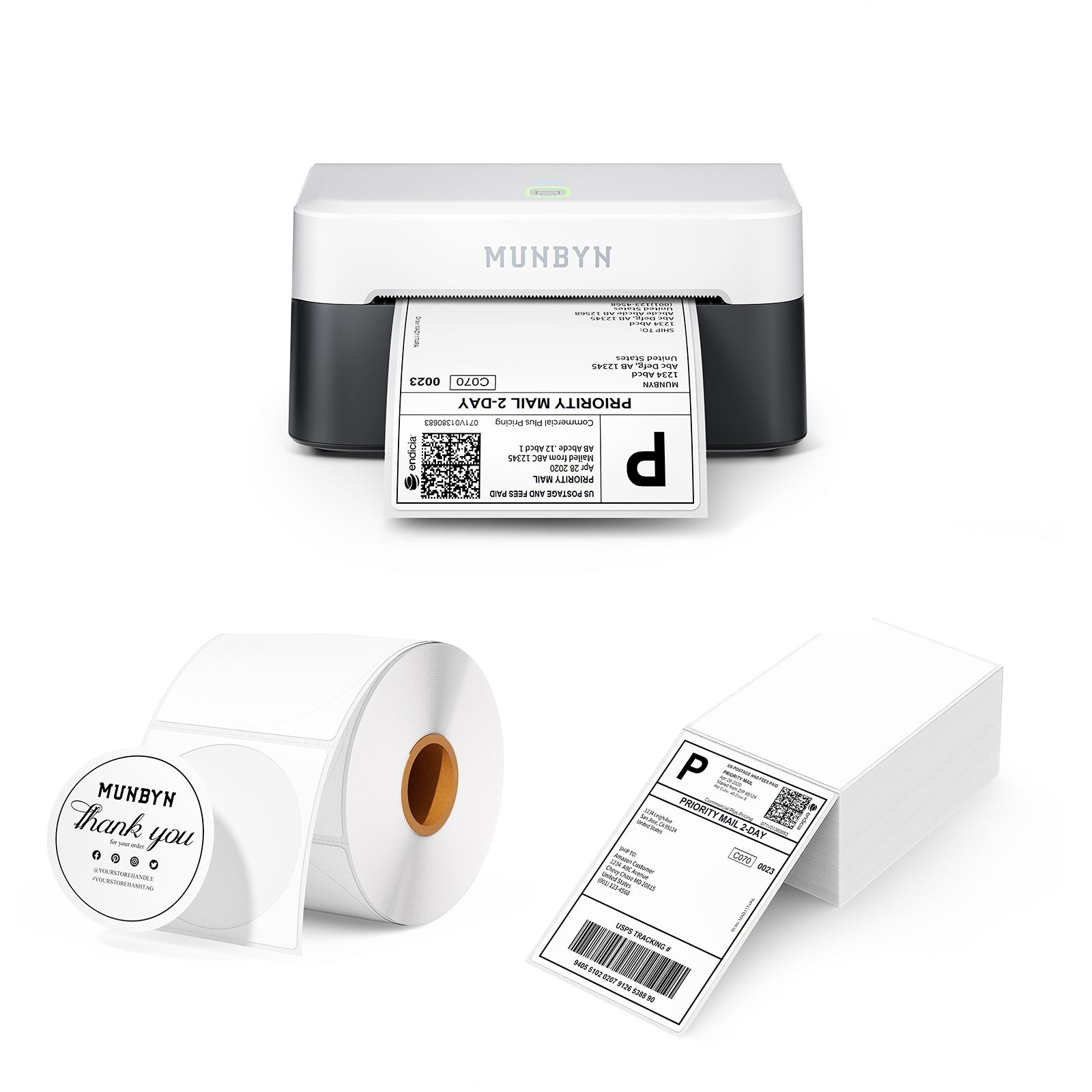 MUNBYN CA RealWriter 403B thermal label printer kit with printer and accessories for efficient label printing.