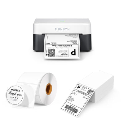 MUNBYN CA RealWriter 403B thermal label printer kit with printer and accessories for efficient label printing.