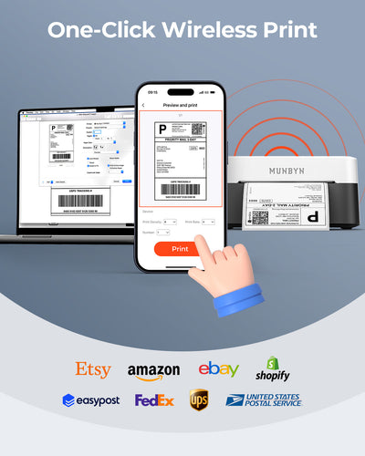 MUNBYN RealWriter 403B thermal label printer with compact design and control panel, ideal for shipping and label printing.