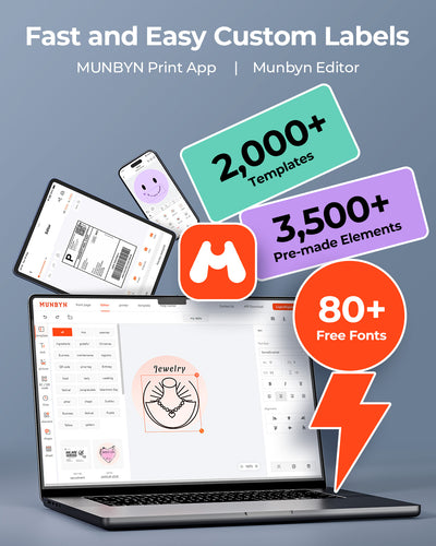 MUNBYN RealWriter 403B thermal label printer with paper loaded, ready for printing labels, compact design, and user-friendly interface.
