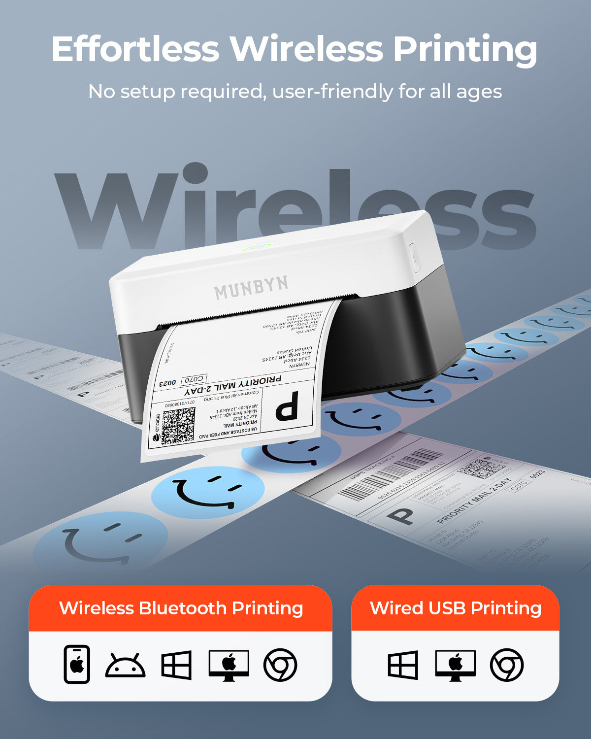MUNBYN RealWriter 403B thermal label printer printing a label, compact thermal printer for shipping and labeling applications.