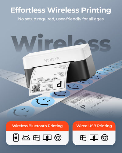MUNBYN RealWriter 403B thermal label printer printing a label, compact thermal printer for shipping and labeling applications.
