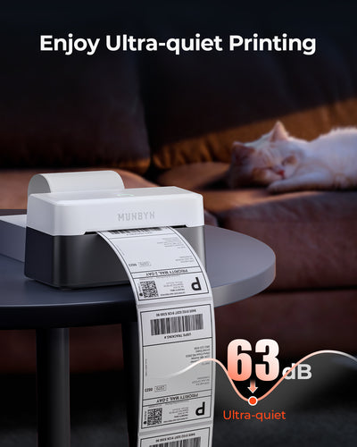 MUNBYN RealWriter 403B thermal label printer with paper roll and control panel on a white background