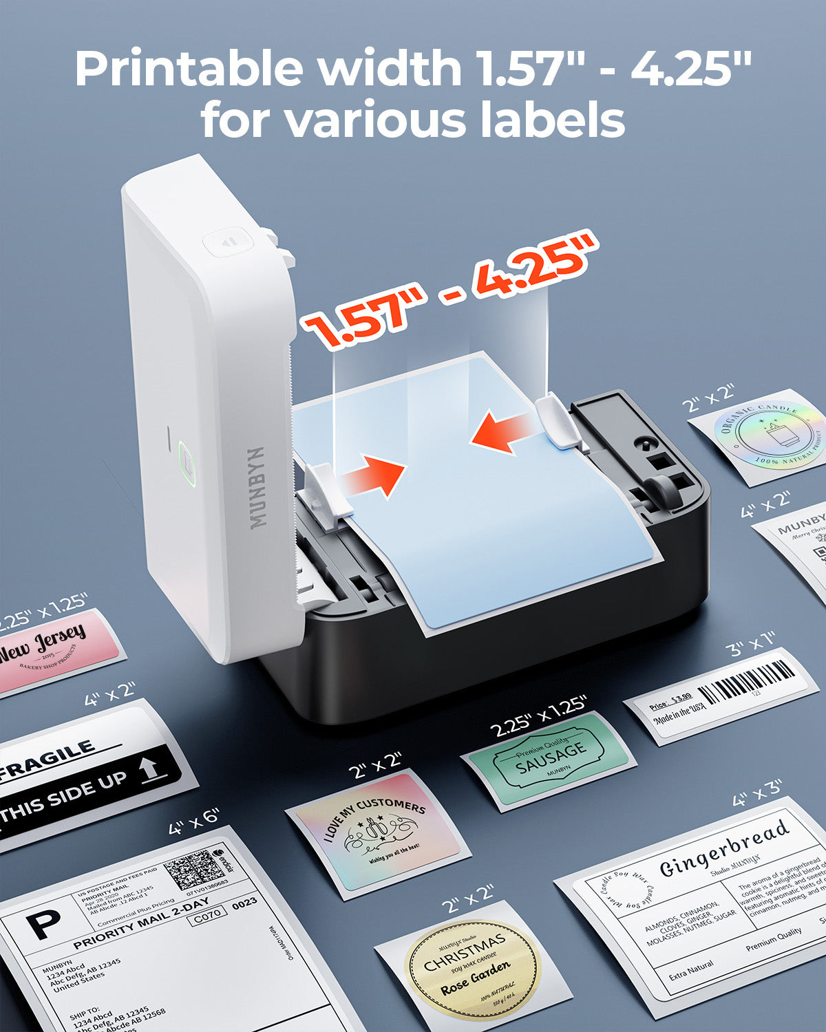 MUNBYN RealWriter 403B thermal label printer with paper roll and control buttons, designed for efficient label printing.