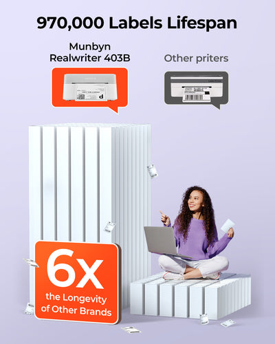 MUNBYN RealWriter 403B thermal label printer with white finish, compact design, and paper feed slot for shipping labels.