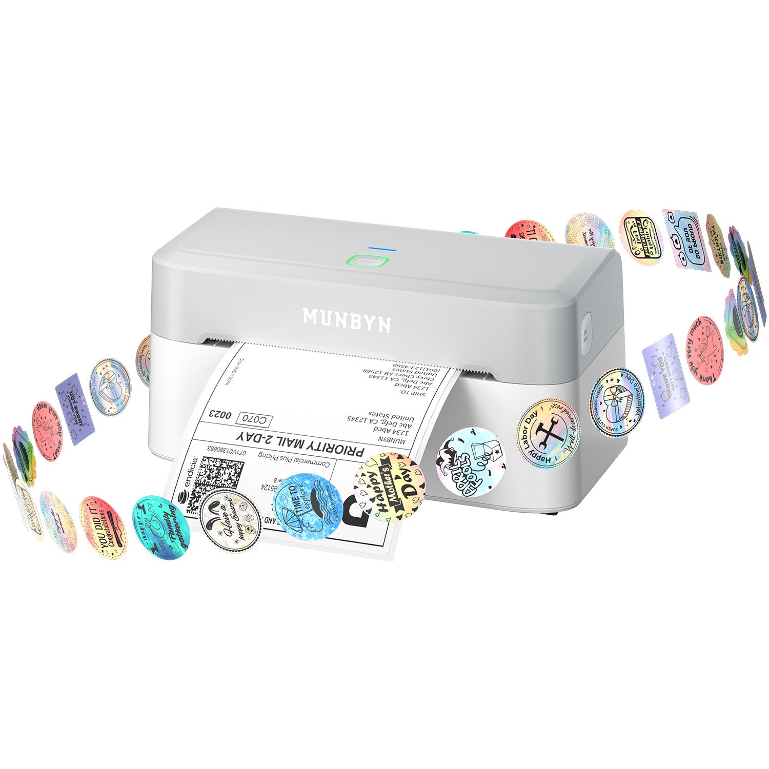 MUNBYN RealWriter 403B thermal label printer with white exterior, showing the front view and paper feed area.