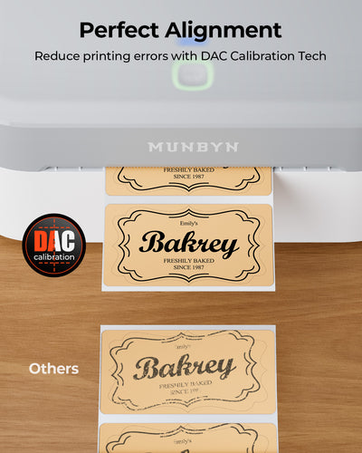 MUNBYN RealWriter 403B thermal label printer with white finish, compact design, and paper feed tray for shipping labels.