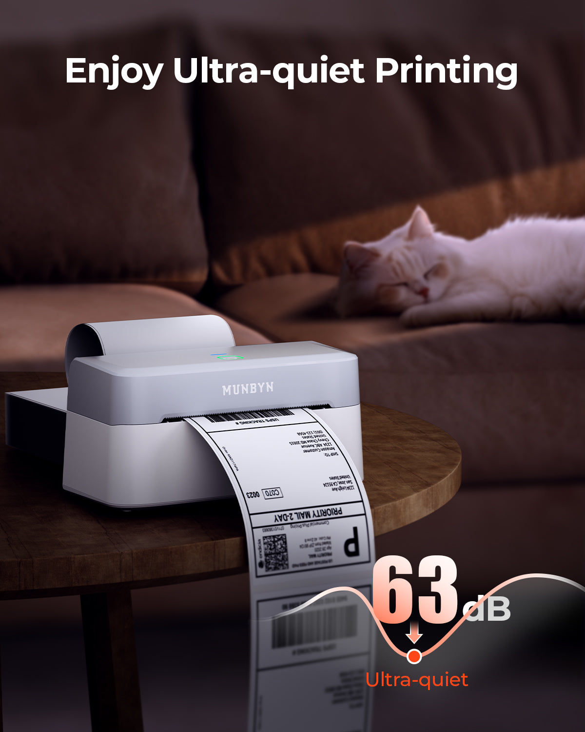 MUNBYN RealWriter 403B thermal label printer with white finish, showing the compact design and paper feed area.