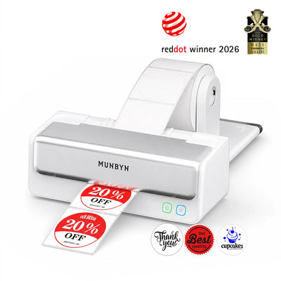 Munbyn label printer with printed labels on a white background, featuring Red Dot Award logo.
