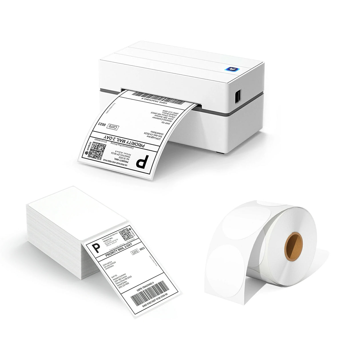 The MUNBYN 130 thermal printer kit includes a USB thermal label printer, a stack of shipping labels, and a roll of circle labels.