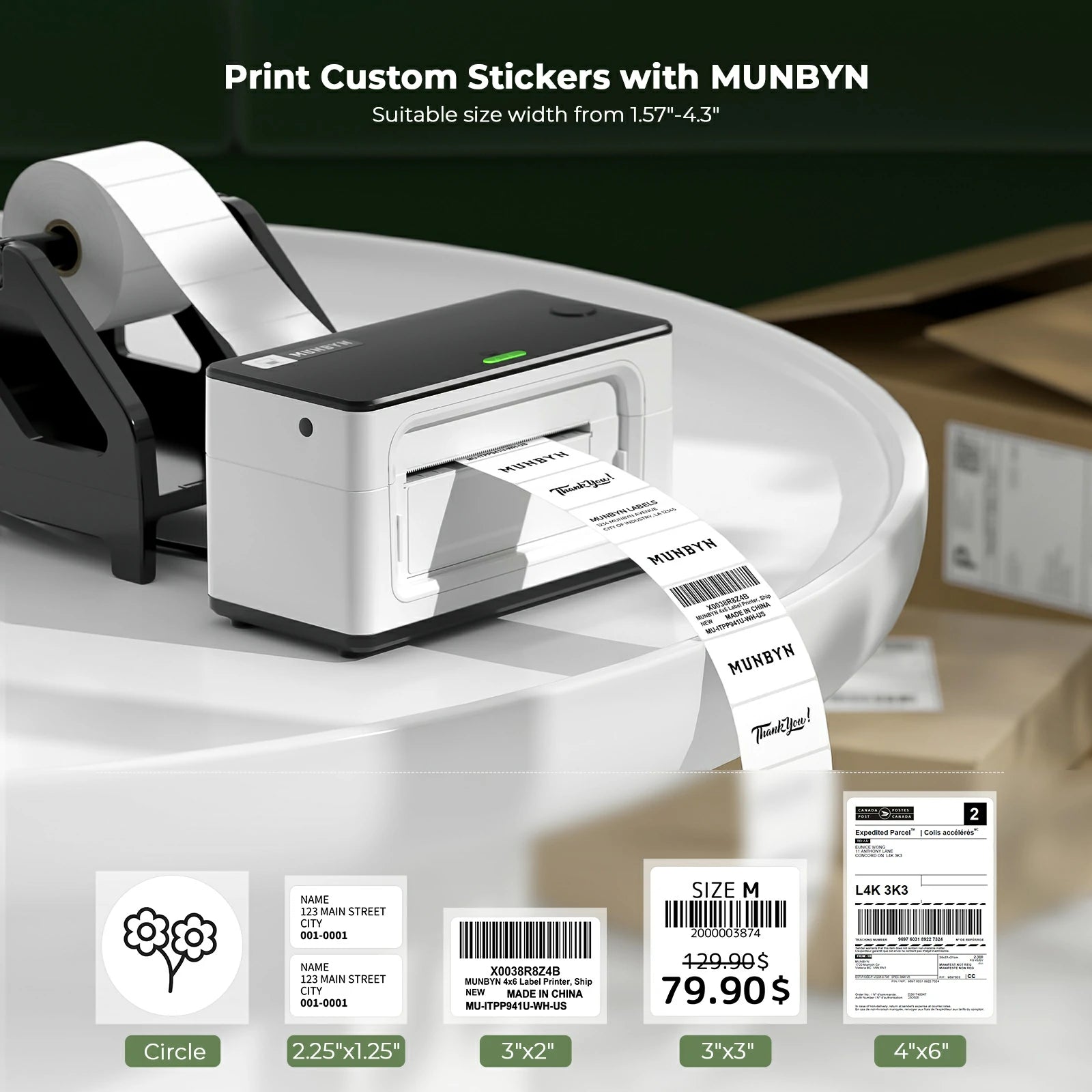 MUNBYN thermal printer can print thermal labels from 1.57 to 4.3 inches wide and serve diverse needs.