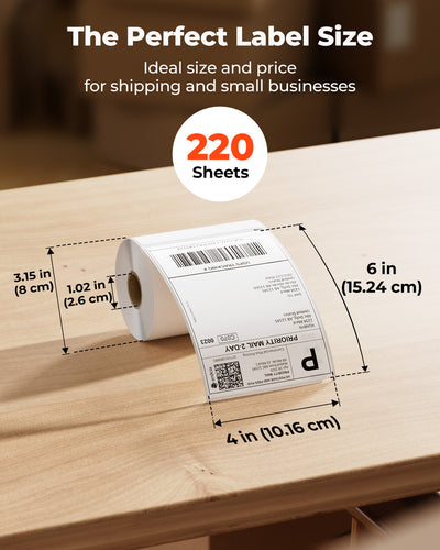 White 4x6 inch shipping roll labels from MUNBYN, designed for label printer paper, displayed on a roll.