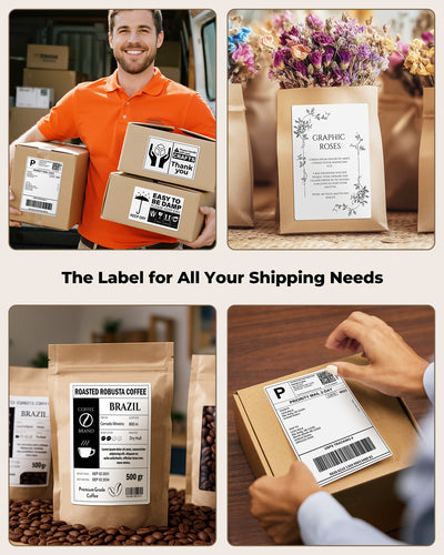 White 4x6 shipping roll labels for label printer paper from MUNBYN, shown in a roll with printed labels.