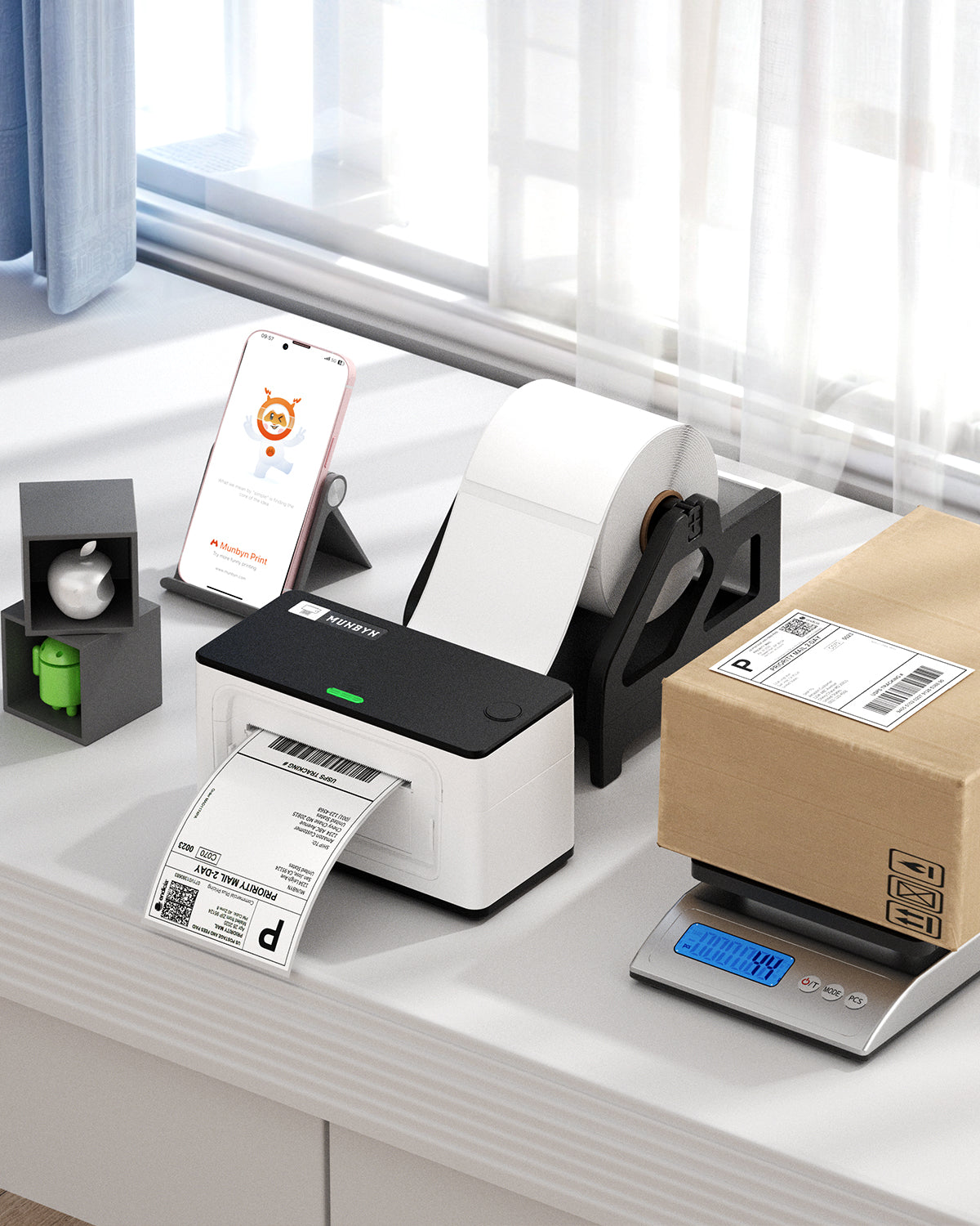 4x6 inch MUNBYN CA fan-fold labels on a roll, compatible with label printer paper for shipping and organization.