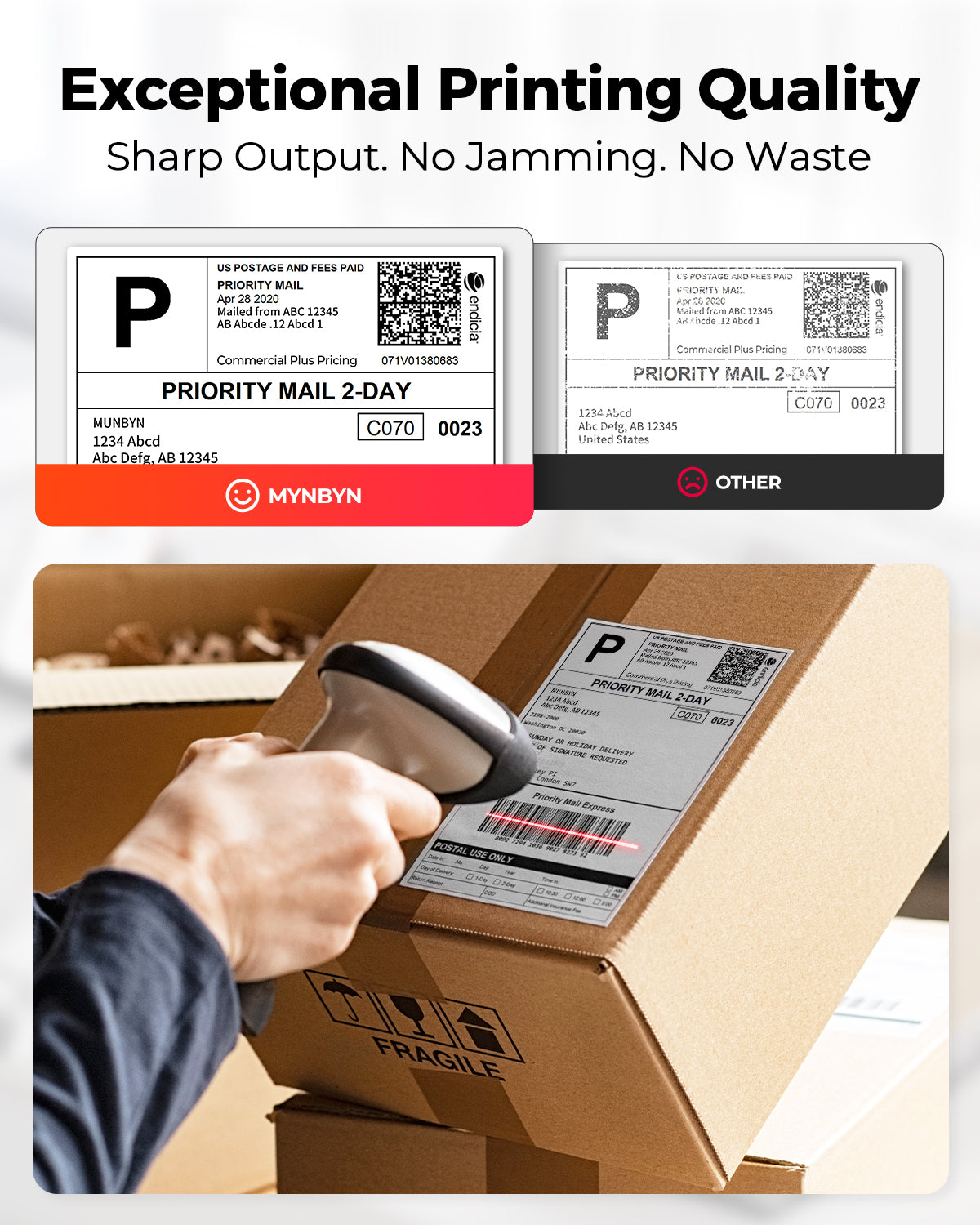 Close-up of 4x6 inch fan-fold label sheets for printer, showing multiple label pages on a roll by MUNBYN CA.